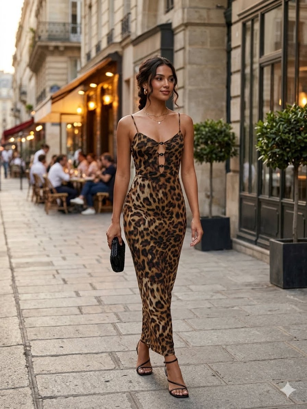 Hearts &Heels Leopard Print Maxi Slip Dress with Front Cutouts